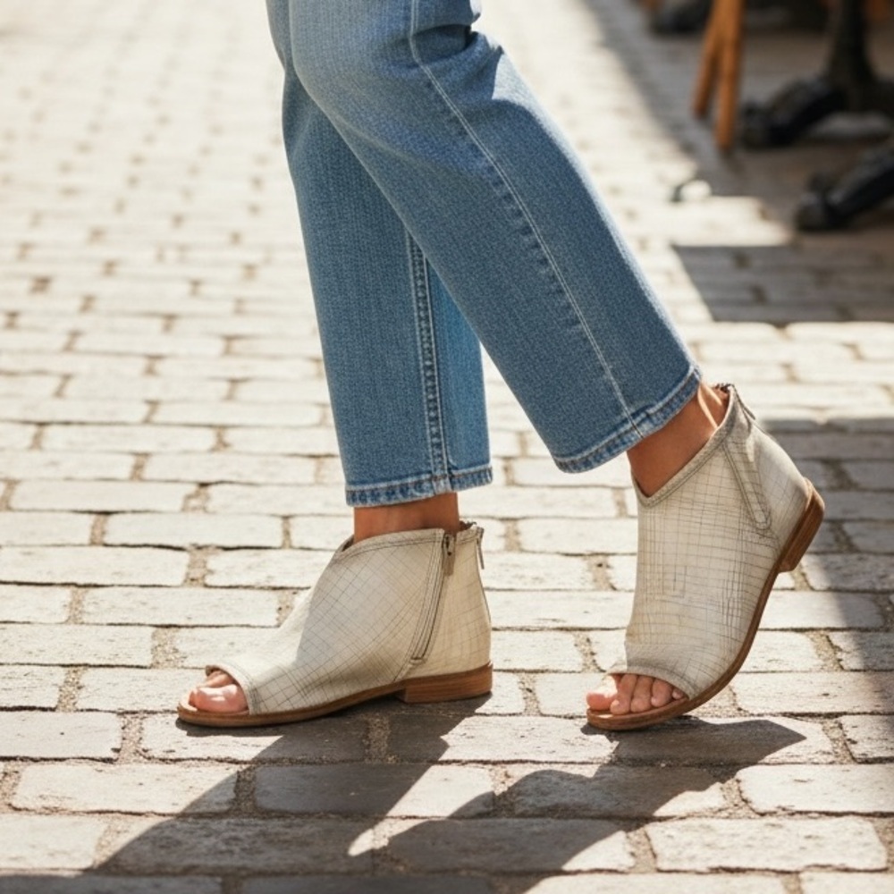 Felmini Cream Ankle Booties with Open-Toe and Low Heel
